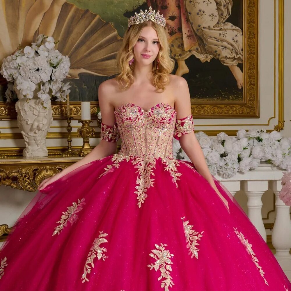 New Strapless Long Quinceanera Gown w/ Rhinestones Embroider & Back Bow GL3641